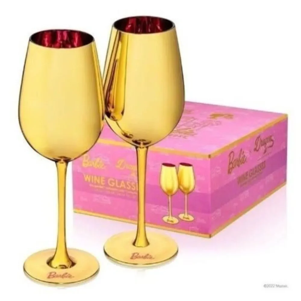 set of 2 barbie dreamhouse gold wine glasses